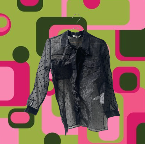 Business Casual Transparent Sort Prikket Bluse med Knapper